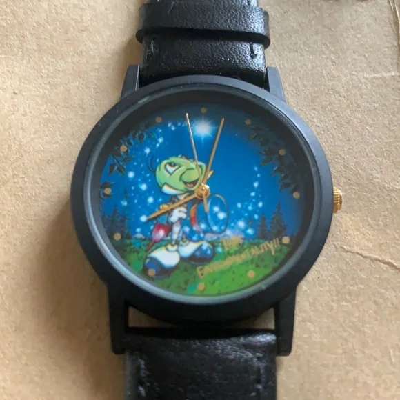 Hominy cricket black leather watch new never used !!! Jiminy Cricket Watch for sale | eBay main image 2